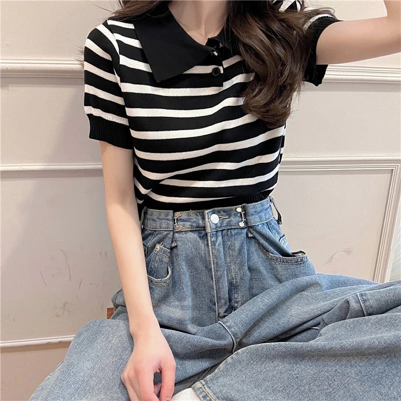 Hulianfu Summer Vintage Striped Polo Collar T Shirts Women's Knitted Short Sleeve Thin Cropped Tshirt Crop Top For Slim Girls - Deanwangkt