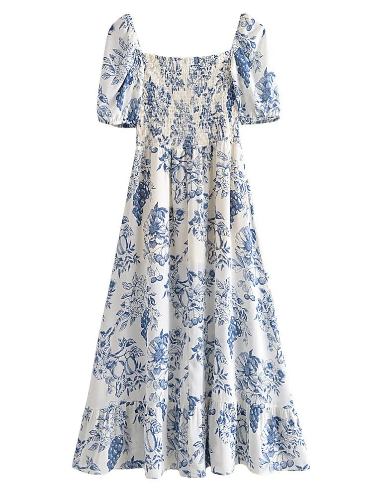 Hulianfu New Summer Women Vintage Fruit Floral Print Square Neck Puff Sleeves Elastic Sexy Side Slit Long  Midi Dress - Deanwangkt
