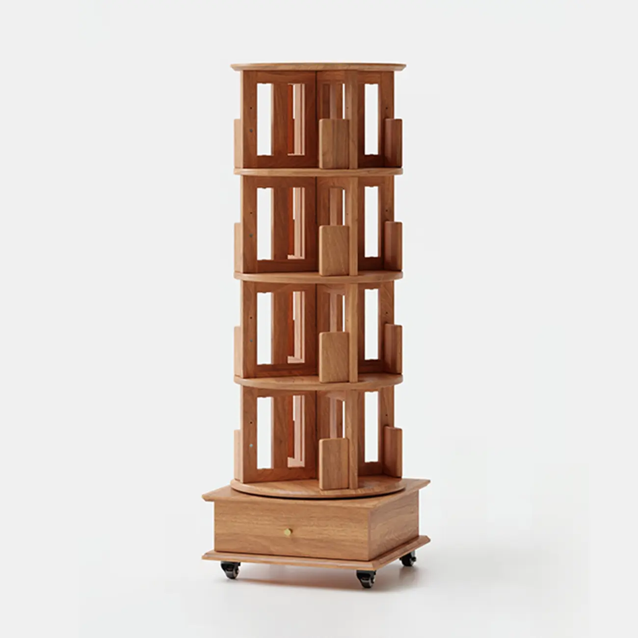 Cylindrical Movable 360° Rotating Wooden Bookshelf with Drawer