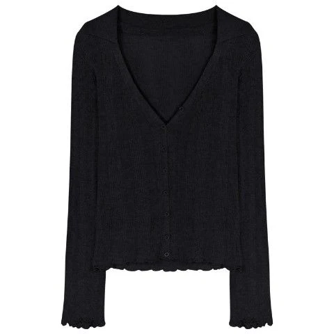 Hulianfu Knitting T-shirt Women Slim Sexy Long Sleeve Daily V-neck Casual Korean Style Pure Retro Minimalist Hot Girls Spring See-through - Deanwangkt