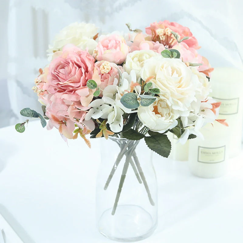 HULIANFU 2026  Beautiful Hydrangea Roses Artificial Flowers for Home Wedding Decorations High Quality Autumn Bouquet Mousse Peony Fake Flower - Deanwangkt
