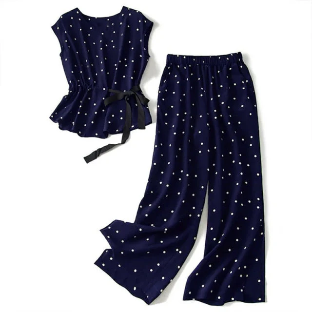 Matching suit polka dot chiffon trousers two-piece large size summer Korean fashion retro casual top wide leg pants suit - Deanwangkt