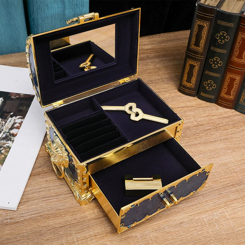 HULIANFU Luxury Golden Double Layers Jewelry Organizer Metal Storage Box Desk Makeup Organizers Box With Drawer Gift For Girl Friend.Z223 - Deanwangkt