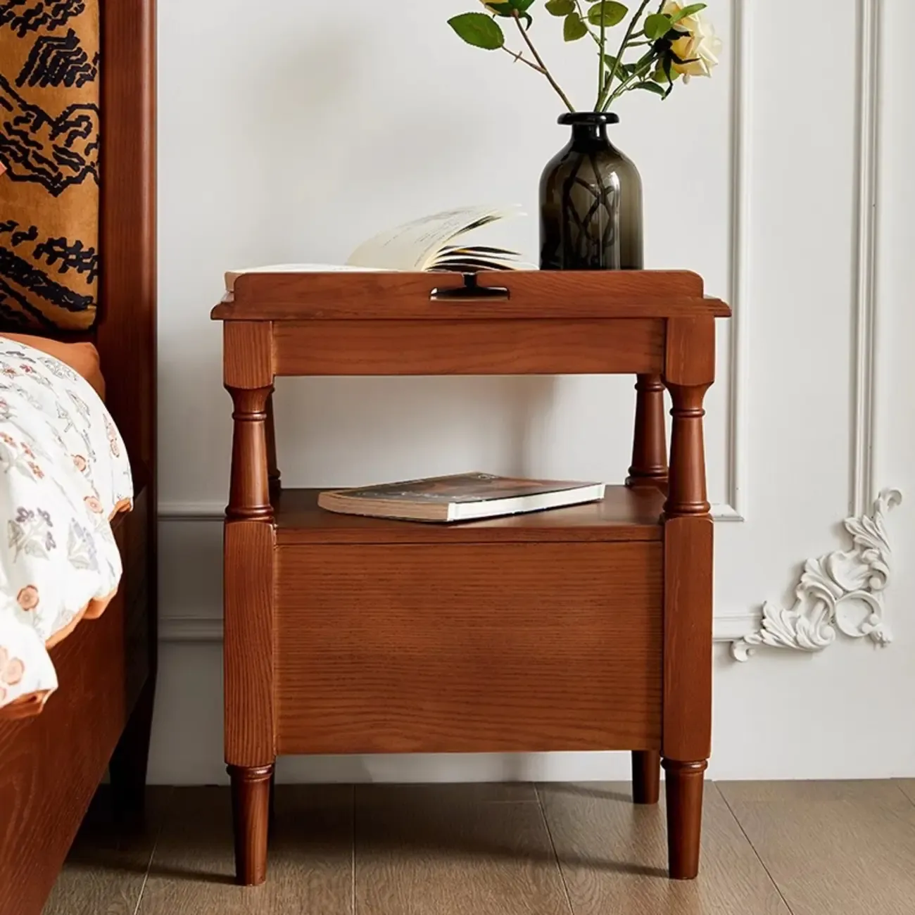 French Country Black 2 Drawers Wooden Nightstand