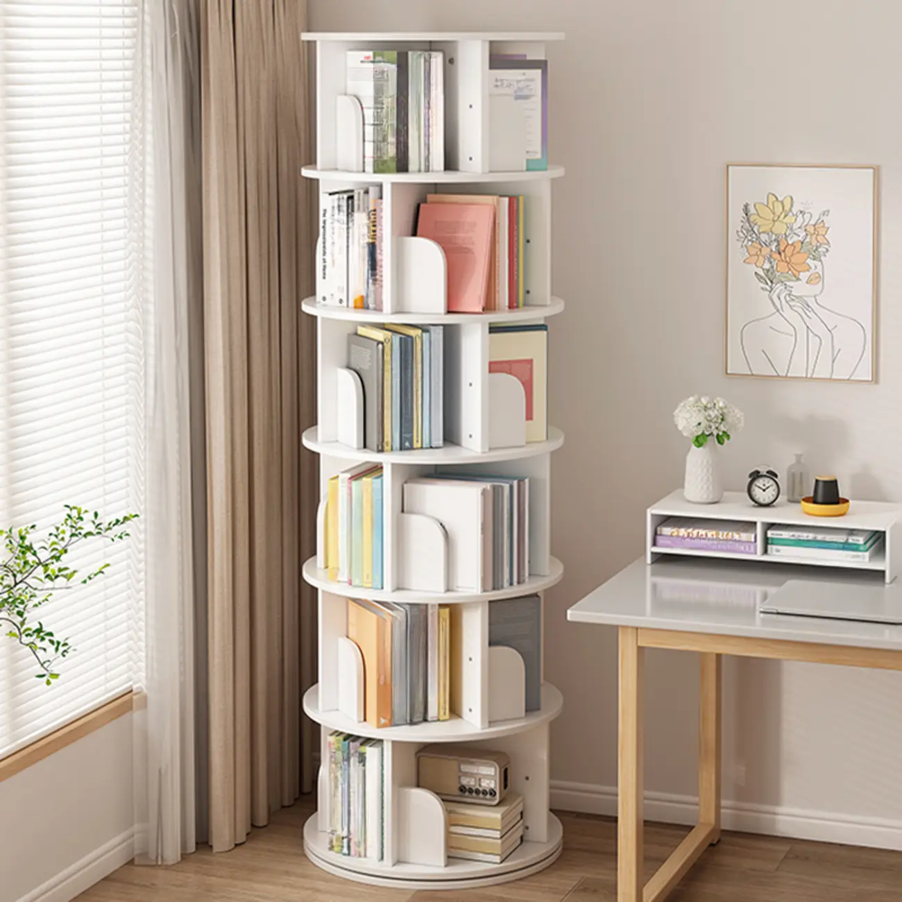 Brown Cylindrical Wooden Rotating Open-Back Bookcase