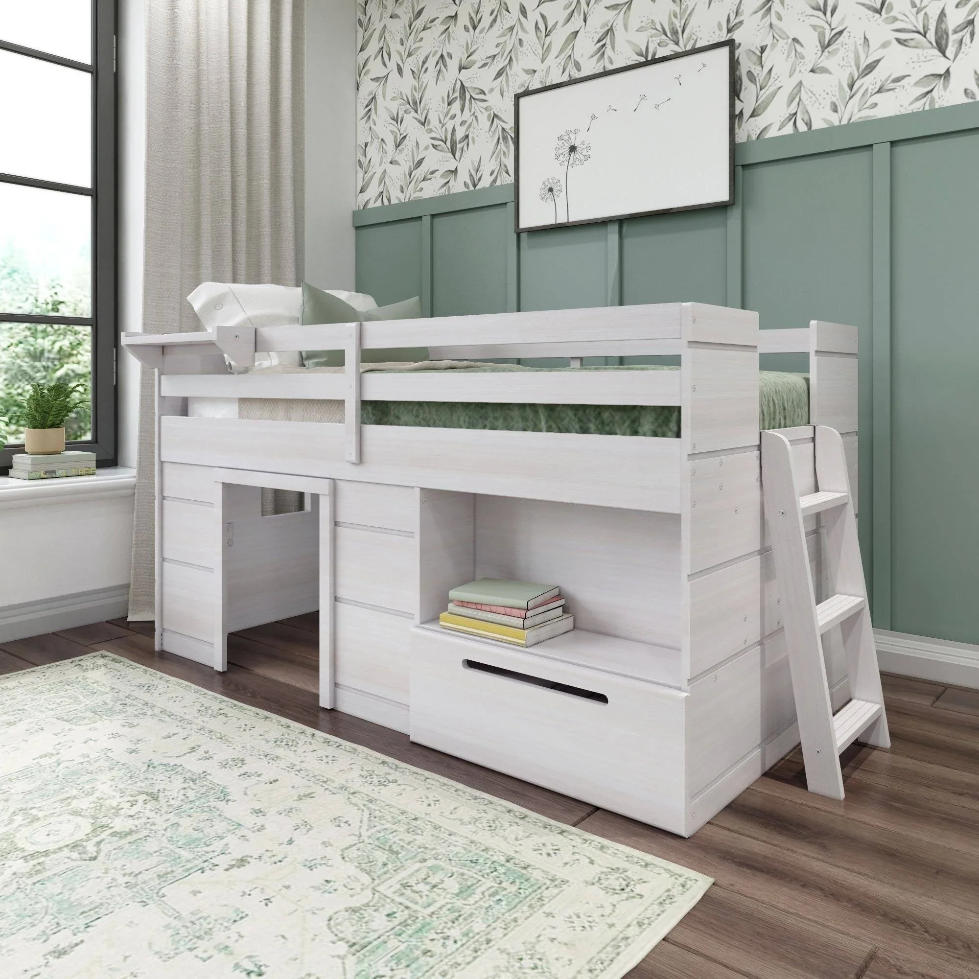 Max & Lily Modern Farmhouse Low Loft Bed, Twin Bed Frame for Kids with 1 Drawer, White Wash
