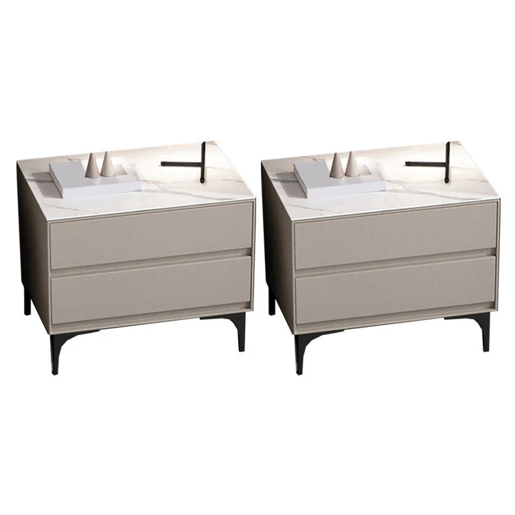 Modern Stone Top Faux Leather 2-Drawer Nightstand