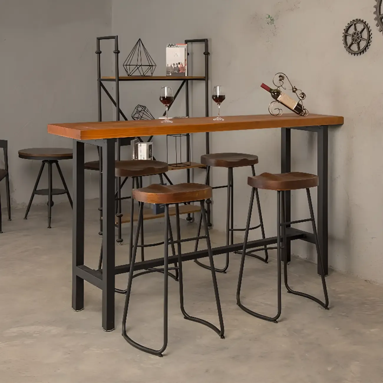 Modern Industrial Bar Table Wood Top Metal Trestle Base