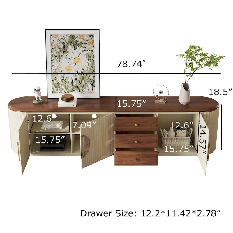 78.74 Mid-Century TV Stands, Brown Solid Wood Veneer, Media Console With 5 Cabinets,3 Drawers, Beige,Fully Assembled - 78.74