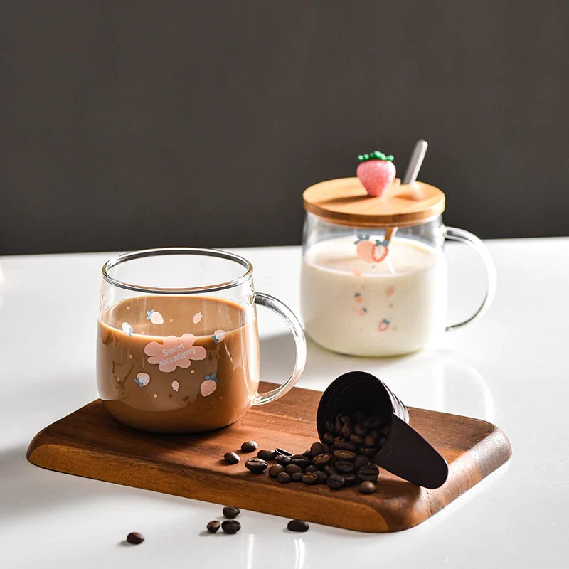 HULIANFU Novelty 3d Lid Cartoon Strawberry Cute Water Glass Transparent Milk Juice Drinkware Cup Mug Drinking Borosilicate Glasses Coffee - Deanwangkt