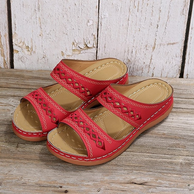 Women's Sandals Slippers Wedge Sandals Comfort Shoes Comfort Sandals Casual Daily Beach Summer Spring Cut Out Embroidery Wedge Heel Round Toe Casual Minimalism Synthetics Loafer Solid Colored Wine - Deanwangkt