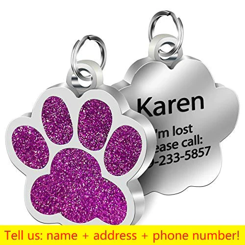 HULIANFU Personalized Dog Cat Tags Engraved Cat Dog Puppy Pet ID Name Collar Tag Pendant Pet Accessories Paw Glitter Pendant - Deanwangkt