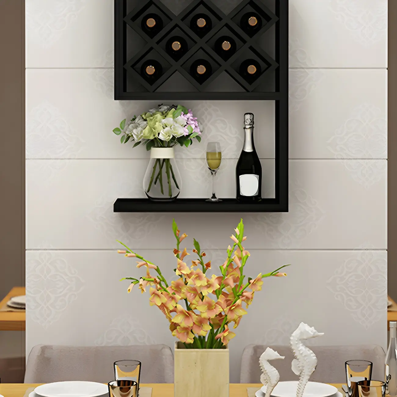 Rubberwood Floating Mount Wine Rack with Stackable Design