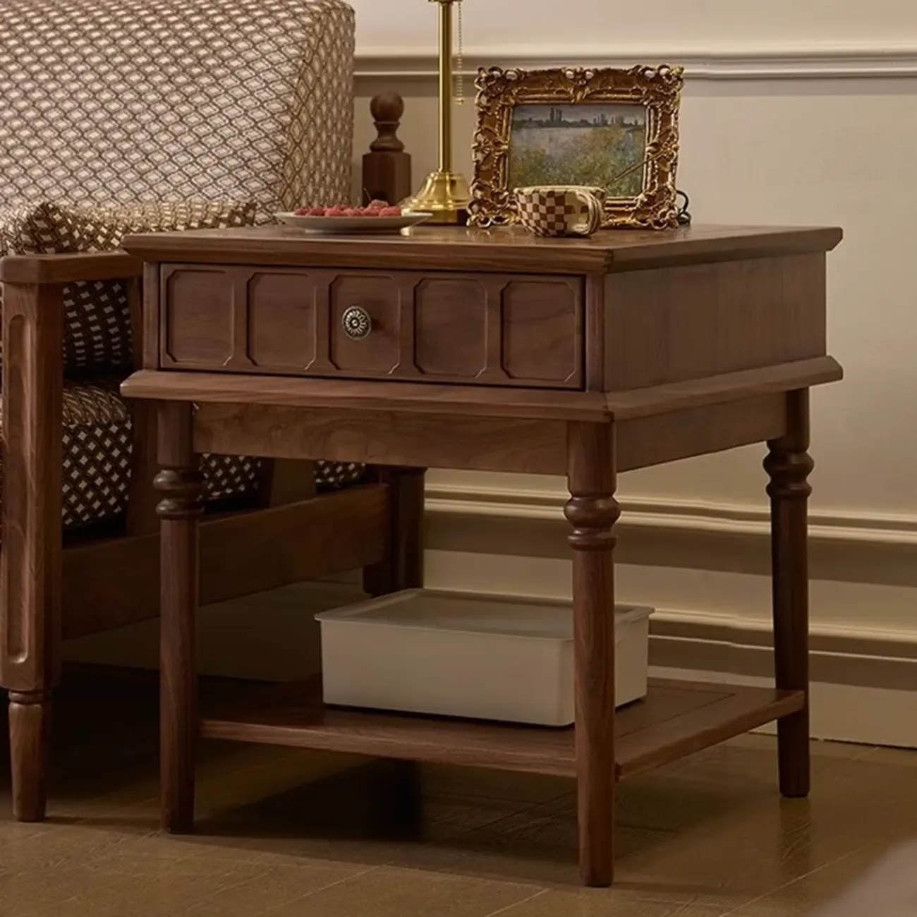 Mid-century Modern Square Walnut Wood End Table with Drawer