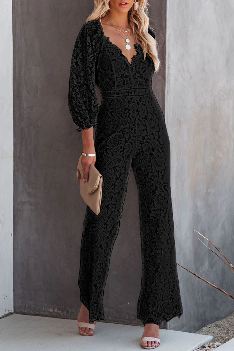 hulianfu Embroidery Lace V Neck Regular Jumpsuits - Deanwangkt