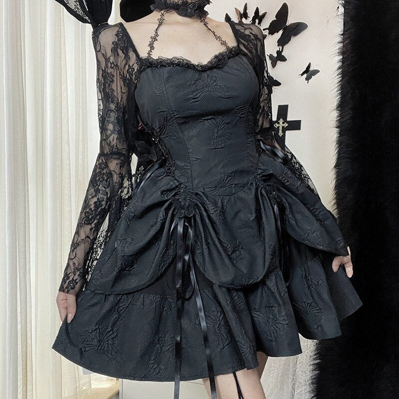 Halter Halloween Cosplay Costumes Gothic Lolita Party Dress White Black Flare Sleeve Fairy Princess Ruffle Cake Kawaii Dresses - Deanwangkt