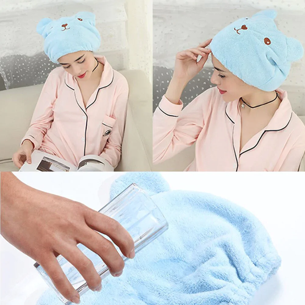 HULIANFU New Dry Hair Cap Towel Strong Absorbing Cute Bear Hat Quick-dry Cartoon Head Wrap Soft Shower Cleaning Supplies Home Hair Drying - Deanwangkt
