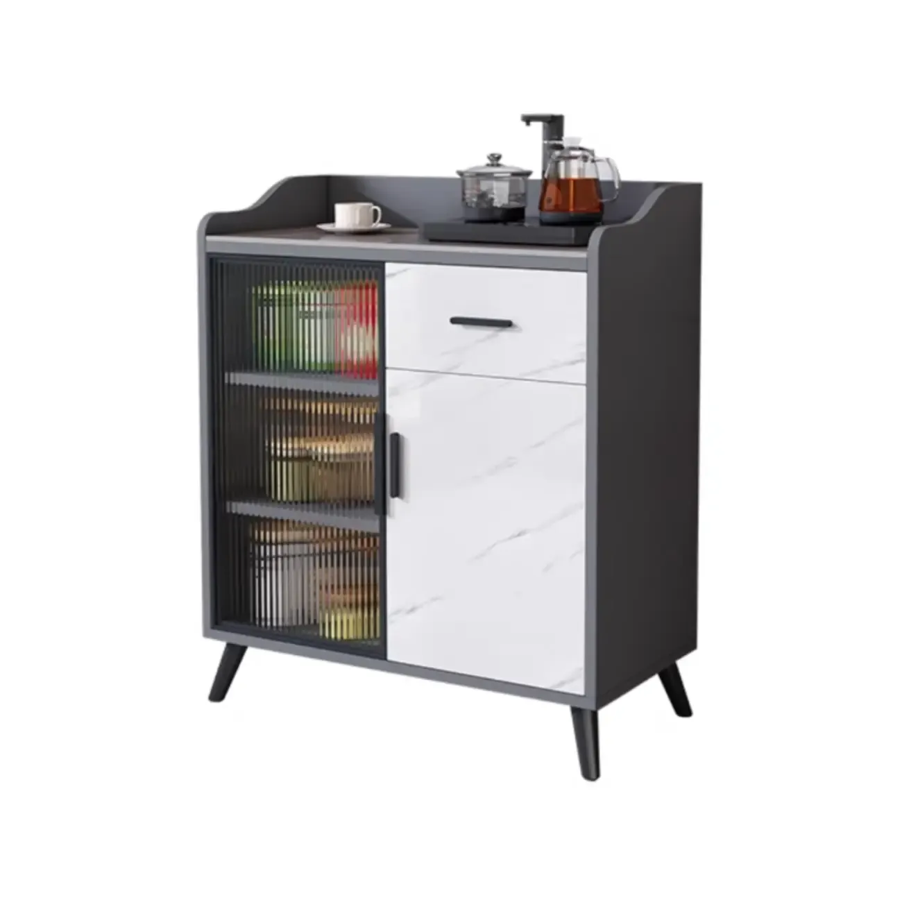 Modish Multi-Compartment Stone-Top Wood Buffet Cabinet