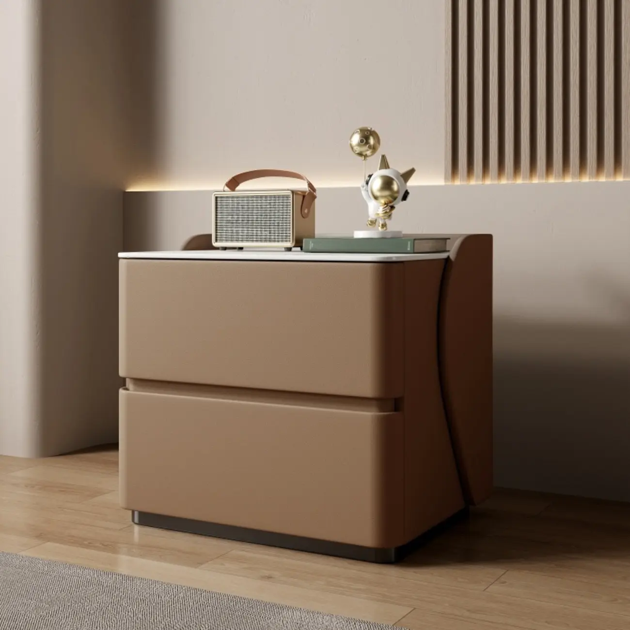 Modern Stone Top Leather Pine 2-Drawer Nightstand