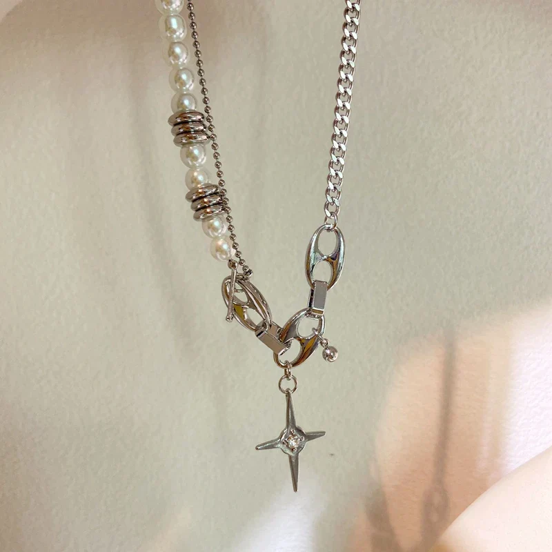hulianfu Fashion Punk Metal Chain Starlight Pendant Necklaces For Women Girls Elegant Pearl Beads Choker Party Jewelry Gifts - Deanwangkt