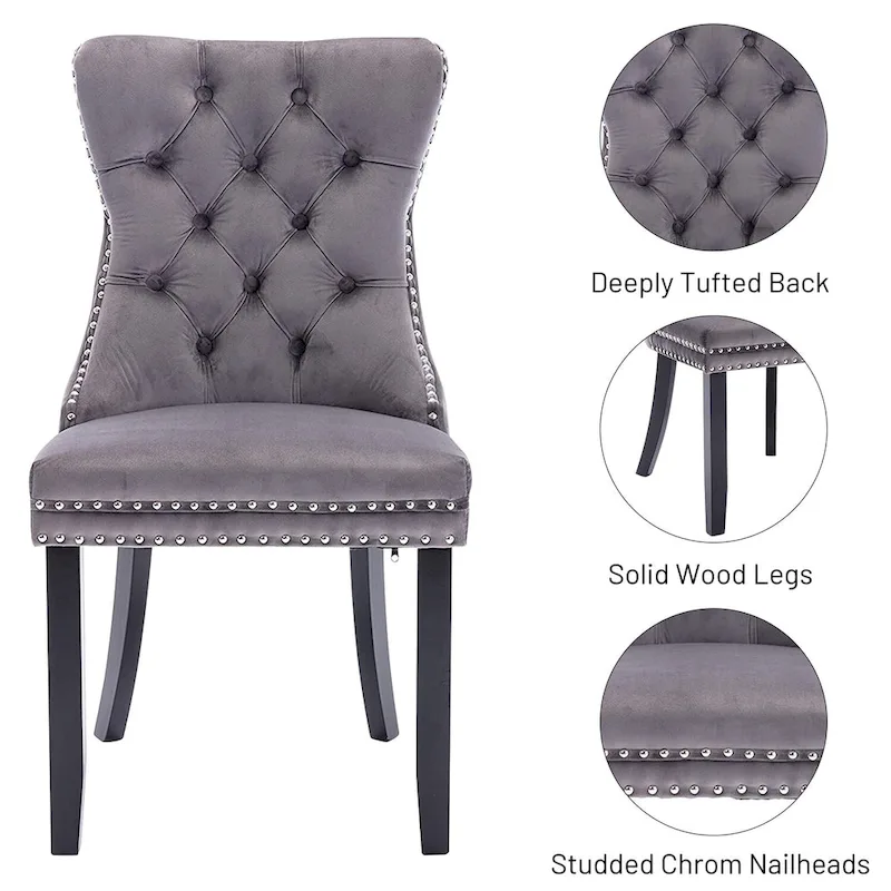 Velvet Dining Chairs Set of 2, Upholstered High-end Tufted Dining Room Chair with Nailhead Back Ring Pull Trim Solid Wood Legs