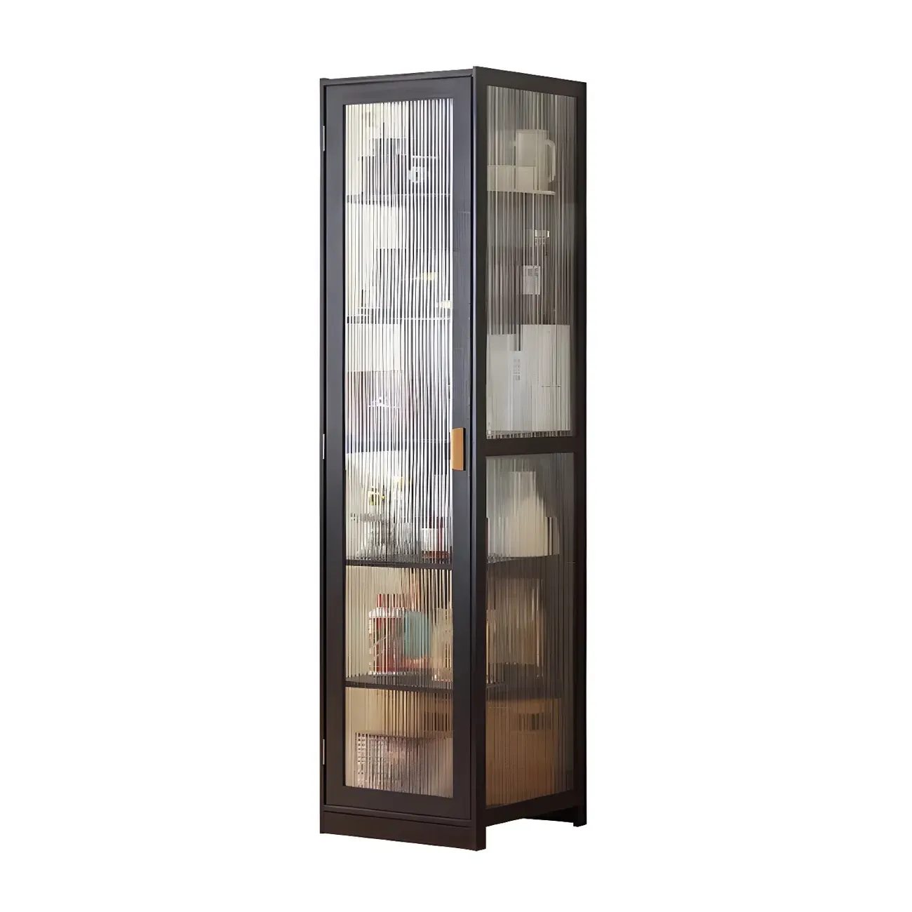 Narrow Adjustable Scandinavian Bamboo Glass Curio Cabinet
