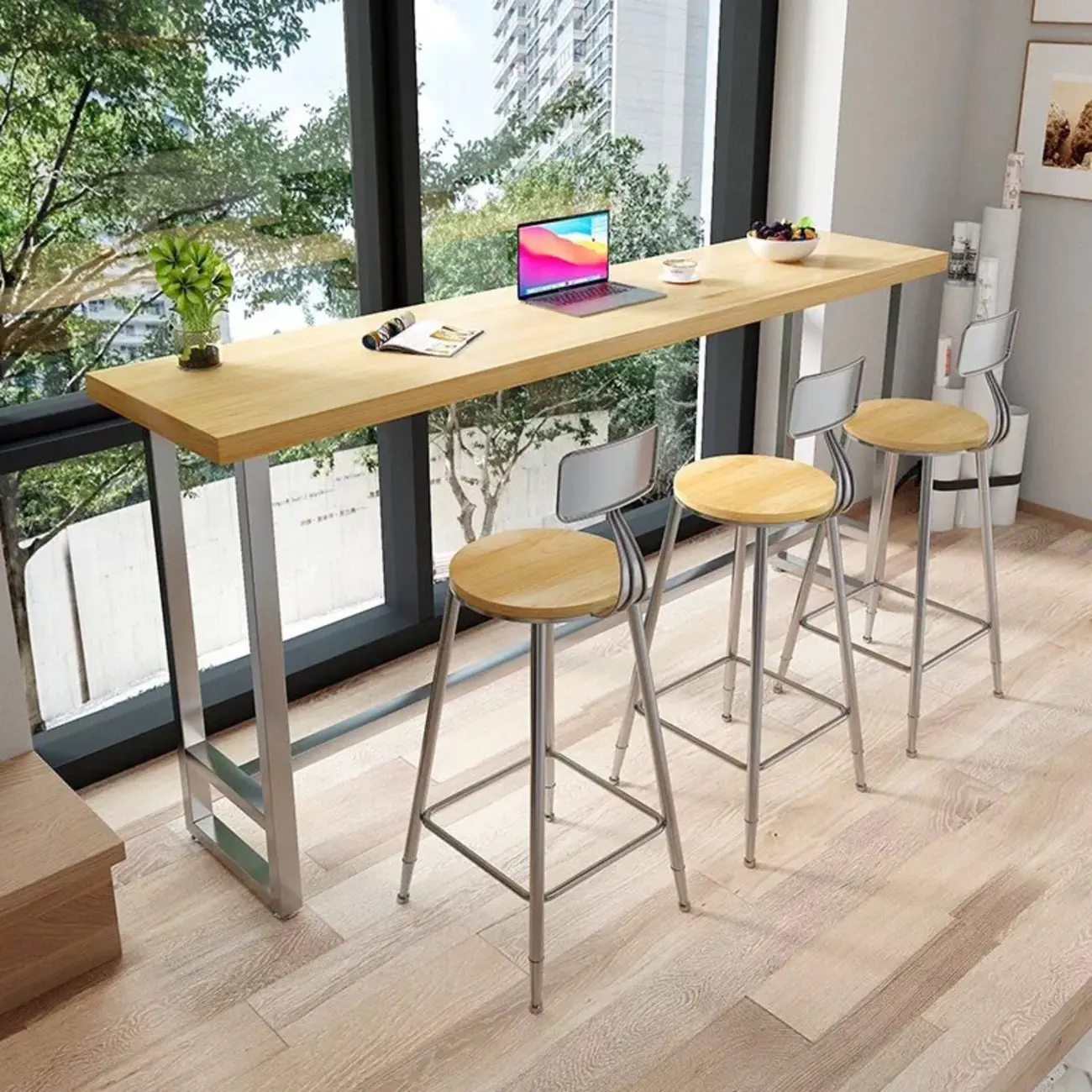 Modern Rustic Pine Wood Top Iron Base Bar Table