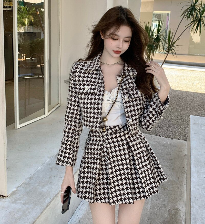 Women New Spring 2 Piece Matching Suits Long Sleeve Plaid Short Jacket&High Waist Pleated Mini Skirt Vintage 2pc Dress Sets - Deanwangkt