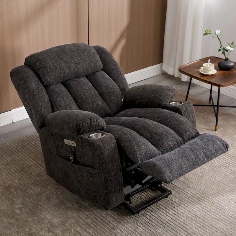 Grey Chenille Power Lift Recliner with Massage, Heating, USB, Cup Holders