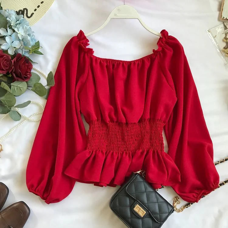 Hulianfu Youth Elegant Blouse Women Chiffon Fashion Blouse Off Shoulder White Shirt Ruffle Puff Sleeve Top Office wear - Deanwangkt
