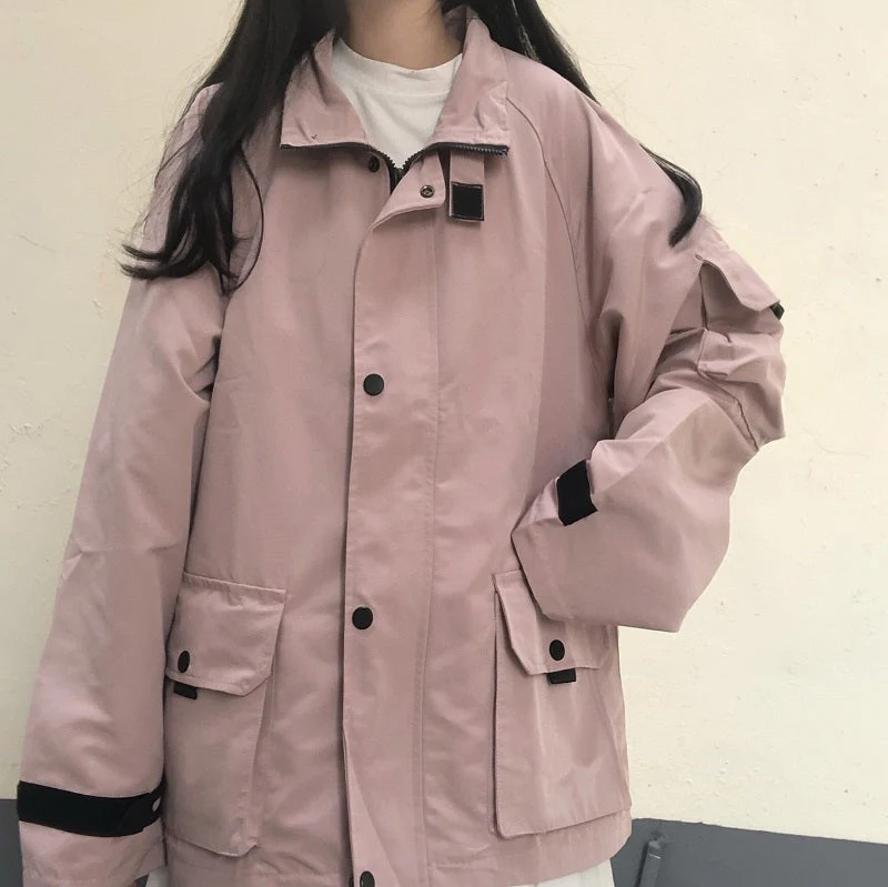 Basic Jackets Women Chic All-match Retro Solid Zipper Design Ulzzang Lovely Fashion Teens Overcoats Daily Vintage Womens Outwear - Deanwangkt