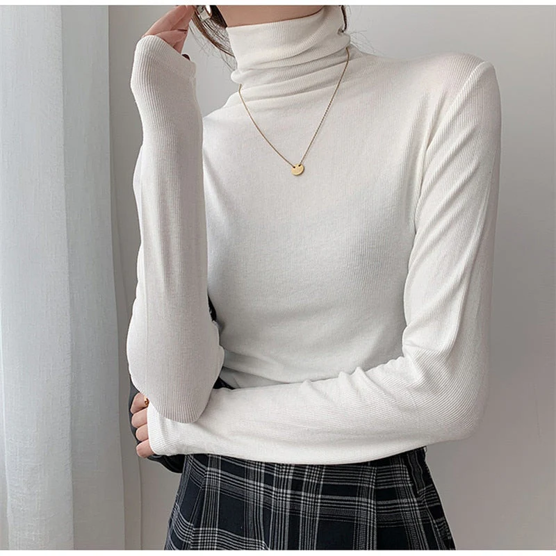 Autumn Women Pullover Tops Female Knitted Sweaters Solid Concise Turtleneck Elasticity Elegant Office Lady Casual All Match - Deanwangkt