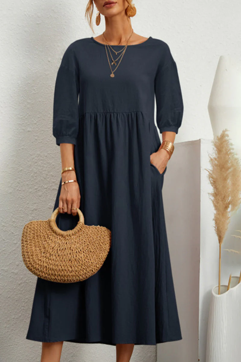 hulianfu Casual Solid Solid Color O Neck A Line Dresses(11 Colors) - Deanwangkt