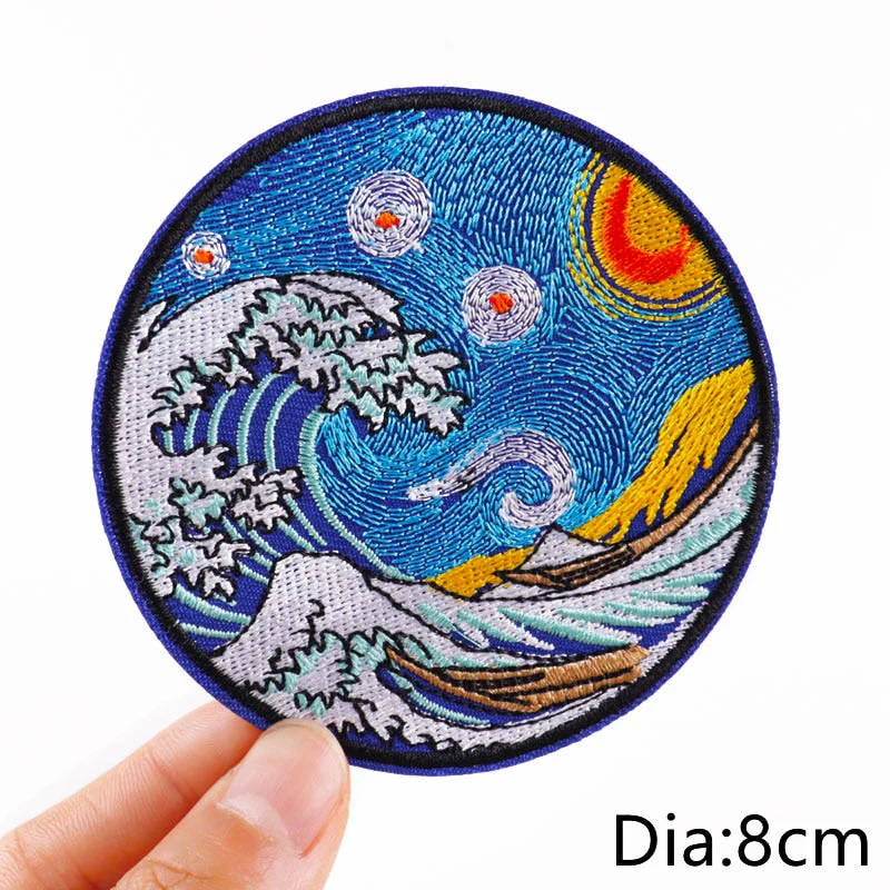 HULIANFU Van Gogh Embroidered Patches on Clothes DIY Cartoon Wave Applique Clothing Thermoadhesive Patches for Clothing DIY - Deanwangkt