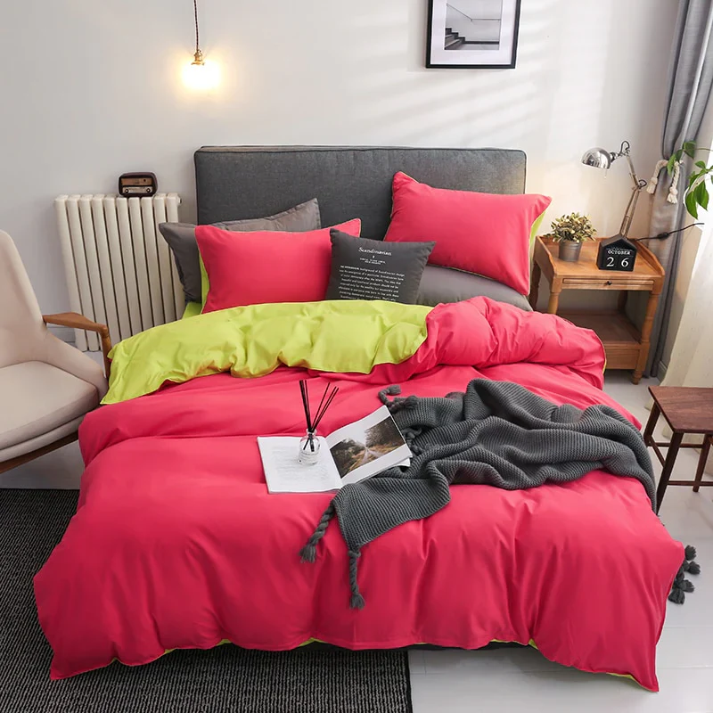 HULIANFU Nordic Double Color Bedding Set Single Queen King Duver Cover Set 240x220 Bed Sheet Bed Linen Pillowcase Gray Pink Quilt Covers - Deanwangkt