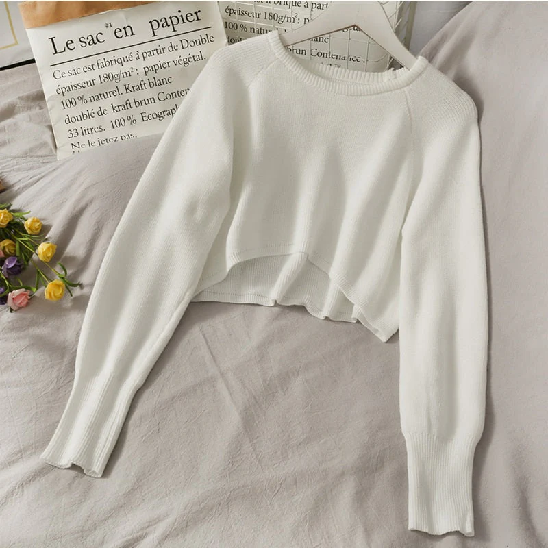 Hulianfu New Autumn Women Solid Sweater O-Neck Loose Sweater Pullover Crop Top Sweaters Shirts Femme Knit Outwear Jumpers - Deanwangkt