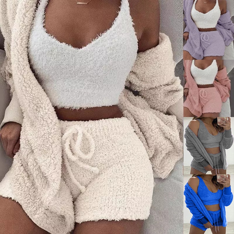 Three Piece Sexy Fluffy Outfits Plush Velvet Hooded Cardigan Coat+Shorts+Crop Top Women Tracksuit Sets Casual Sports Sweatshirt - Deanwangkt