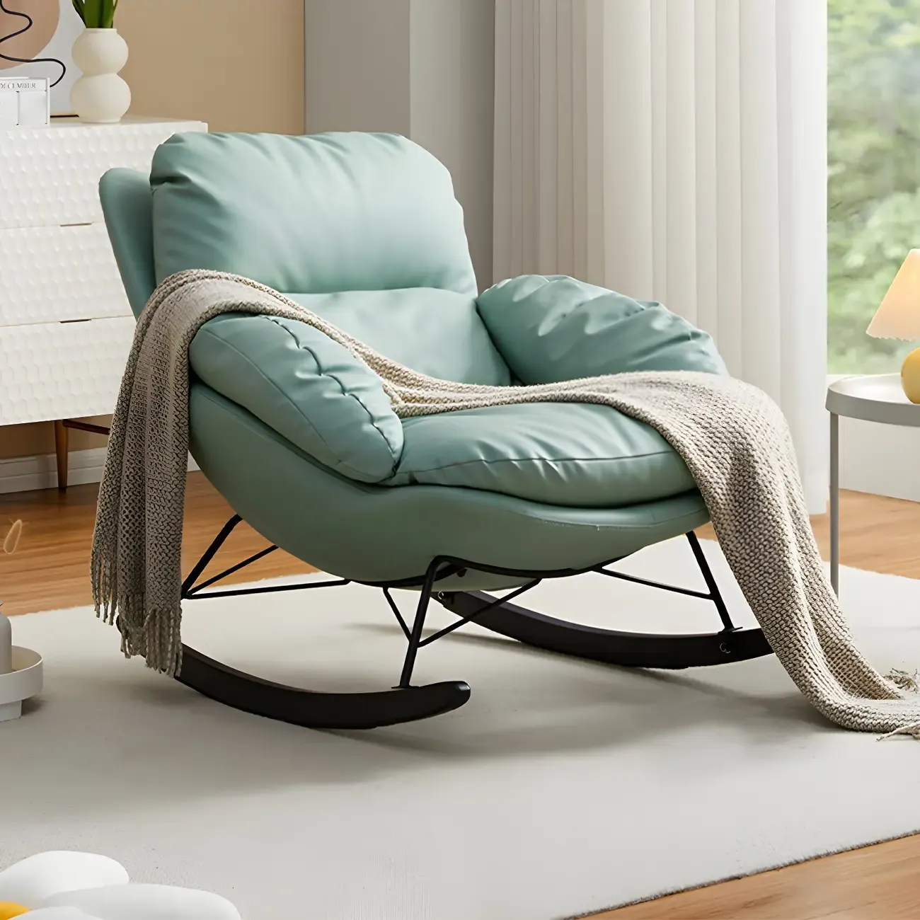 Modern Blue Leather Upholstered Rocking Chair for Indoor
