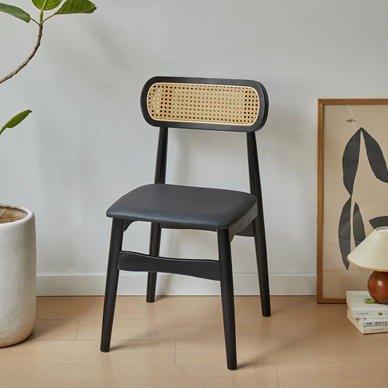 Rustic Black Wooden Armless Dining Chair with Handwoven Back