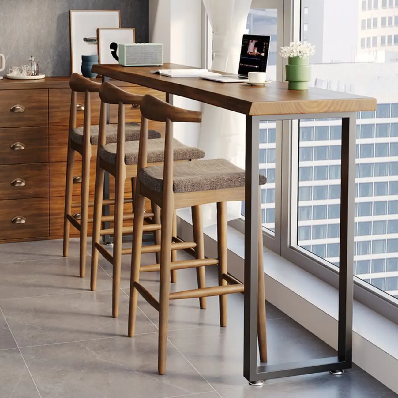 Modern Brown Wooden Top Rectangle Bar Table Metal Base