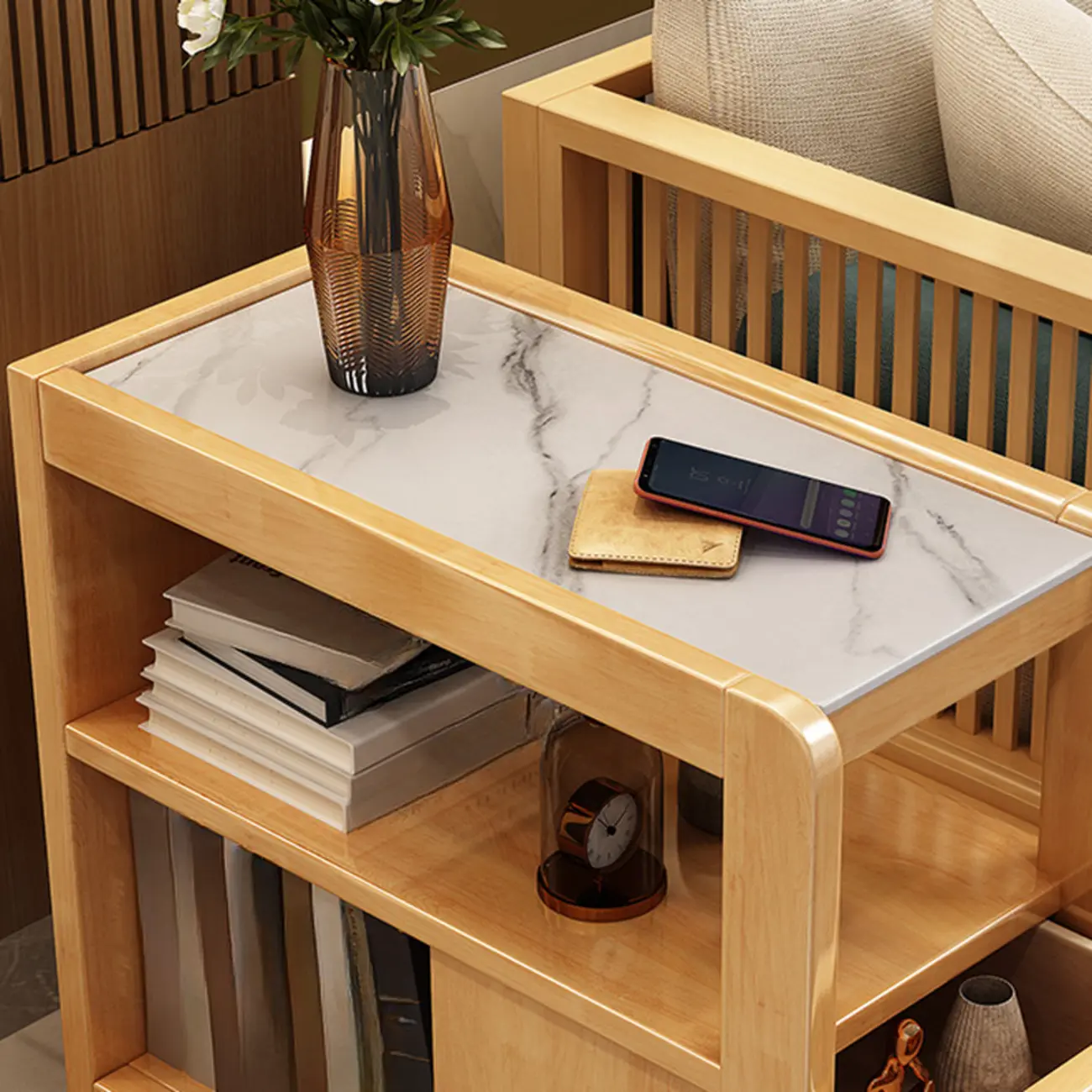 Narrow Sintered Stone Top Wheeled Side Table with Drawers