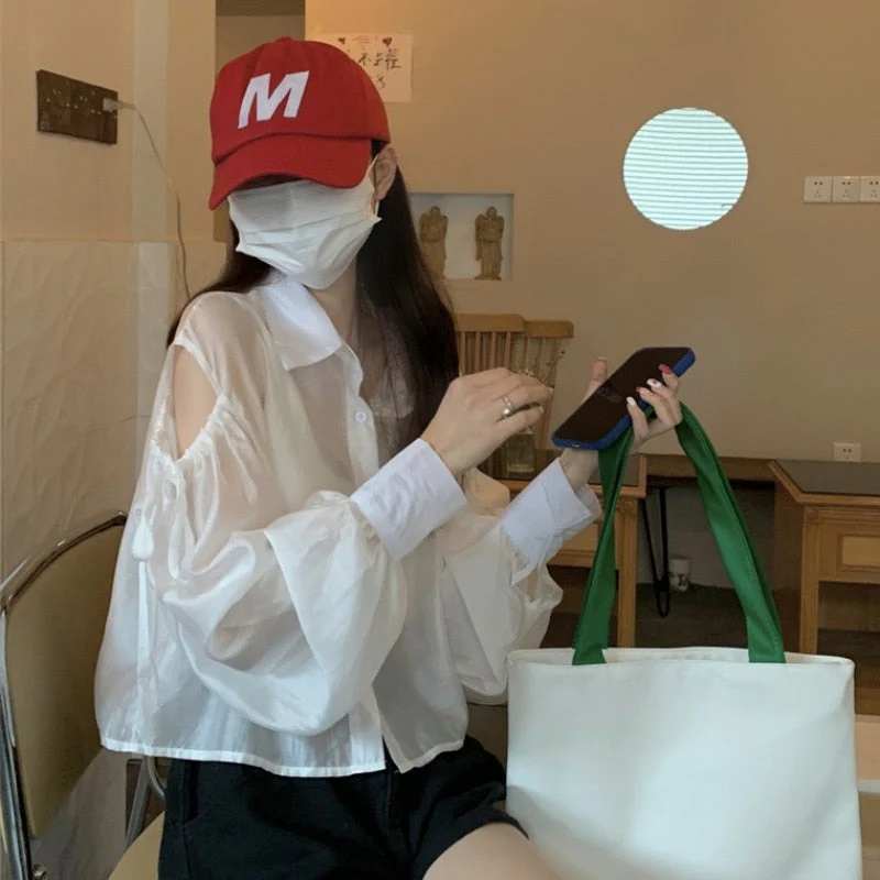 Hulianfu Shirts Women Hole Temperament Sun-proof Ins Vacation Thin Korean Style Sheer Off-shoulder BF Топ Женский Summer Students Beach - Deanwangkt
