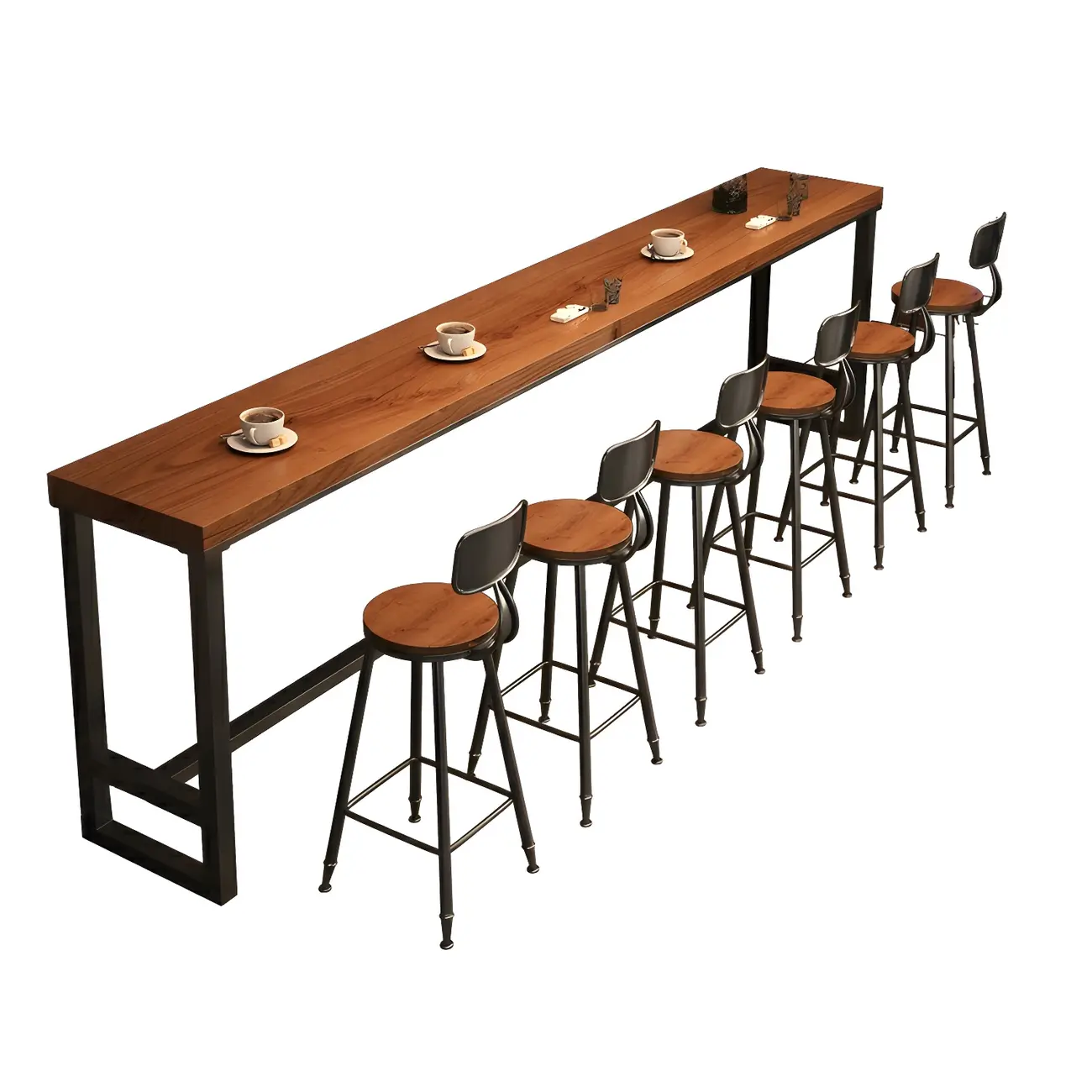 Brown Rectangular Pine Wood Bar Table with Steel Base