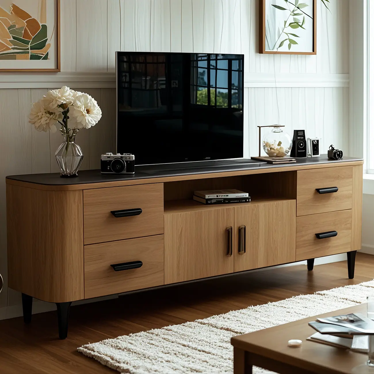 Brown Wood Media Shelf Cabinet TV Stand with Metal Legs