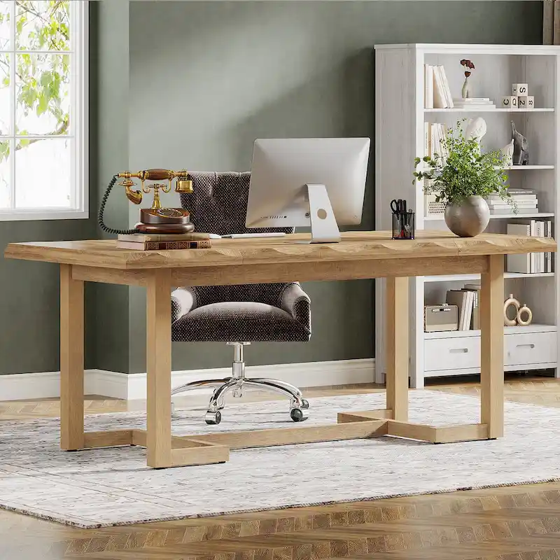 62.2-inch Wood Rectangular Computer Desk with Solid Wood Legs