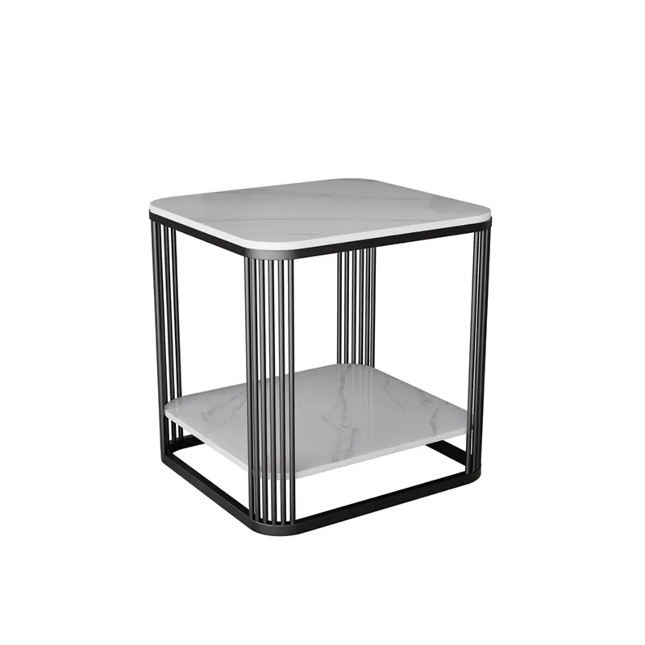 Sleek Square Stone Top Metal Frame Side Table in White/Black