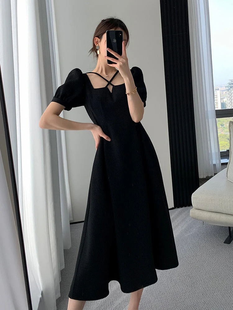 Hulianfu Summer Women Fashion Elegant Casual Solid Puff Sleeve Midi Dresses Evening Office Lady Female A Line Clothes Vestdios Black - Deanwangkt