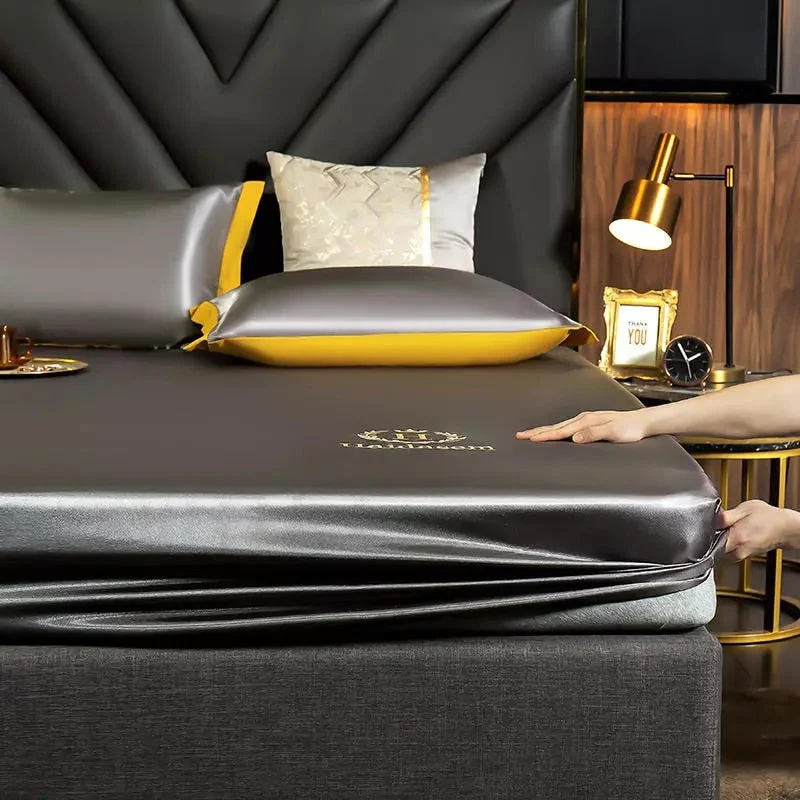 HULIANFU  WOSTAR Luxury ice silk fabrics elastic fitted sheet summer solid bedding mattress protector cover queen king size bed sheet set - Deanwangkt