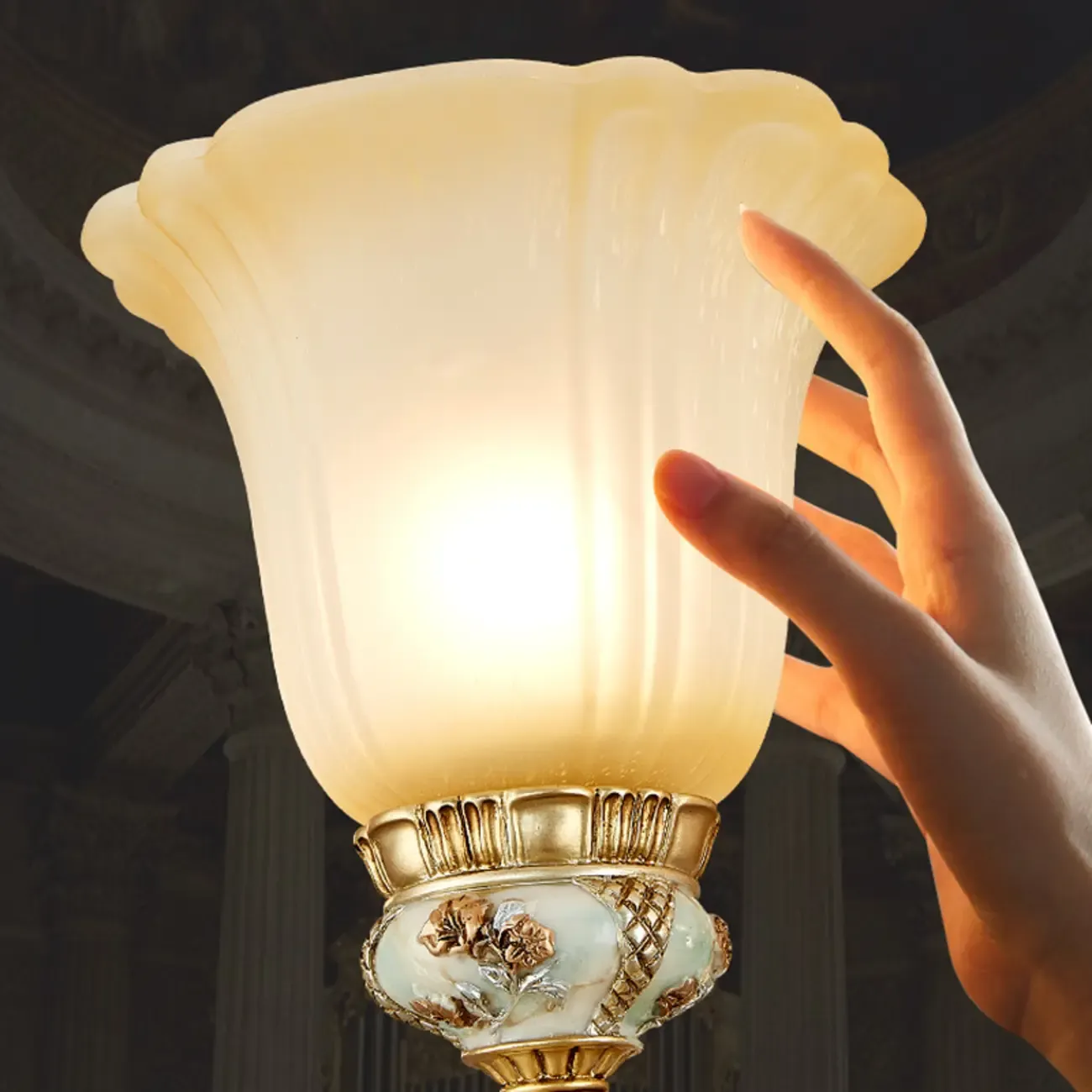 Antique Gold Ceramic Chandelier with Frosted Glass Bell Shape