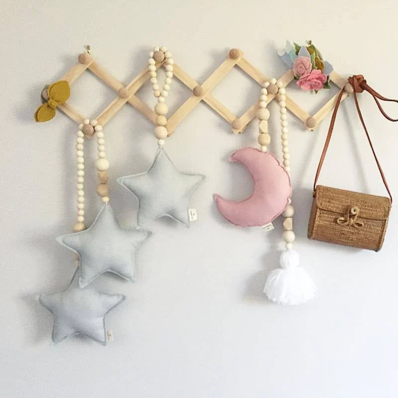 HULIANFU Nordic Boho Room Decor Double Star Moon Wooden Beads Cotton Hanging Wall Decoration Kawaii Kids Baby Bedroom Living Room Decor - Deanwangkt